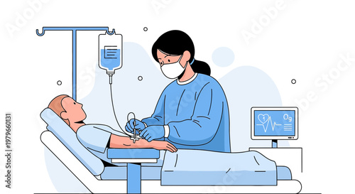 Nurse Administering IV Drip to Patient in Hospital Bed, Medical Monitor Nearby