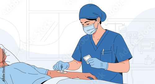 Nurse Administering IV Drip to Patient in Hospital Bed, Medical Procedure