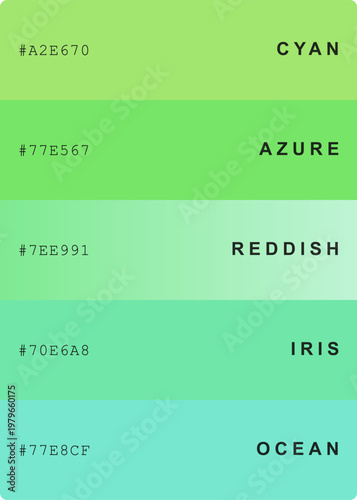 Green color palette with hex codes and names, professional swatches for graphic design and branding, modern color guide with cyan azure reddish iris and ocean shades, vector illustration