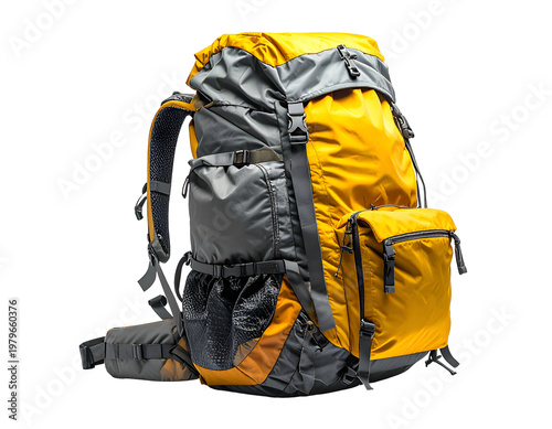 Yellow and gray hiking backpack with multiple compartments
