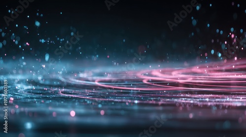 Abstract Swirling Light Trails and Particles on Dark Background