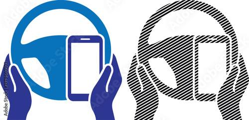 Driver hands holding steering wheel and smartphone vector illustration for navigation app.