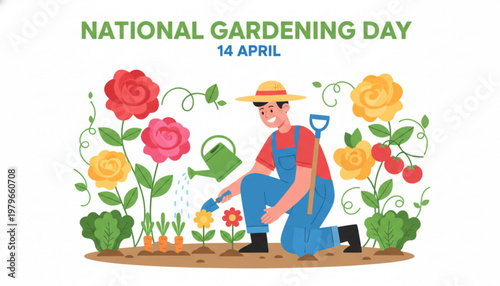 Man in overalls and hat watering flowers on national gardening day with vibrant roses and plants