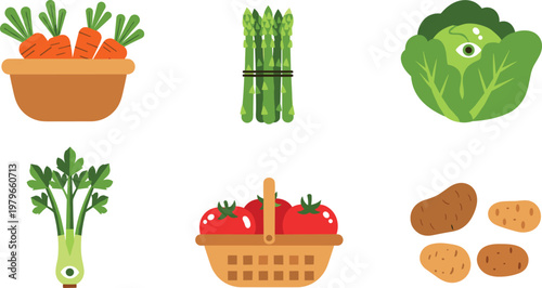 Fresh Vegetables Icons Set Featuring Carrots, Asparagus, Lettuce, Leeks, Tomatoes, and Potatoes for Healthy Eating, Farming, and Organic Food Designs