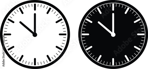 Analog clock icon minimal vector illustration with white and black clock faces showing time difference concept