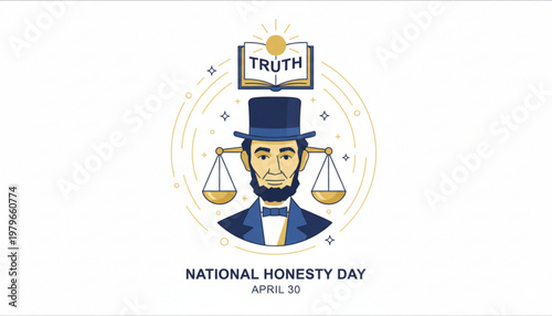 National honesty day illustration with abraham lincoln scales of justice and truth concept on white background