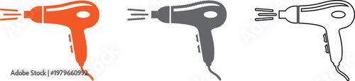 Hair dryer vector illustration set in various styles orange solid, black hatched, and black outline for beauty concepts.