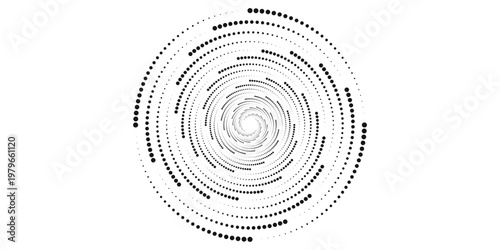 Modern abstract background. Halftone dots in circle form. Spiral logo, icon or design element. Black dots on a white background and white dots on the black side.