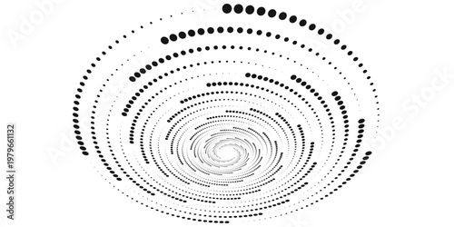 Modern abstract background. Halftone dots in circle form. Spiral logo, icon or design element. Black dots on a white background and white dots on the black side.