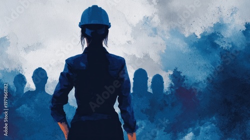 blurred silhouette female engineer leader standing with construction team watercolor illustration industrial leadership empowerment concept