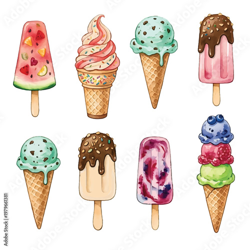A delicious collection of cartoon ice cream icons featuring chocolate, strawberry, and vanilla flavors in frozen cones for a sweet summer dessert vector set