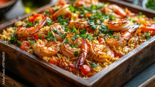 This appetising prawn biryani, served in a wooden dish with fresh herbs, releases its aroma, creating an atmospheric backdrop for culinary publications.