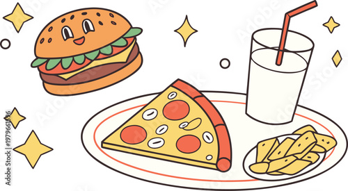 Cute cartoon fast food meal with burger pizza fries and soda drink