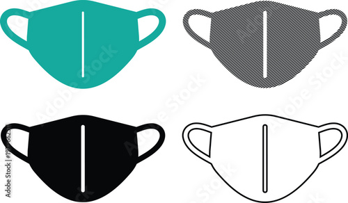 Set of medical face masks in different styles vector illustration with teal, hatched black, solid black, and outline versions.