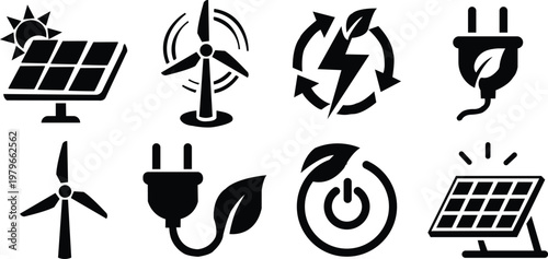 Set of eight black icons representing renewable energy sources and concepts solar wind