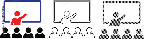 Teacher in front of a board vector illustration with students, presented in solid, outline, and striped styles.