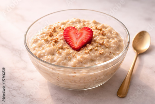 A minimalist glass bowl of warm oatmeal topped with a perfect strawberry heart, white marble background, soft and comforting