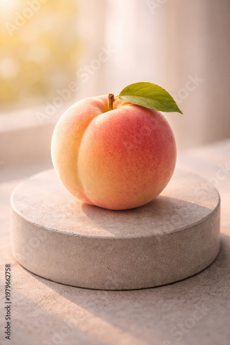 A single, perfect peach with a small green leaf, sitting on a smooth concrete pedestal, backlit with soft golden light, elegant simplicity