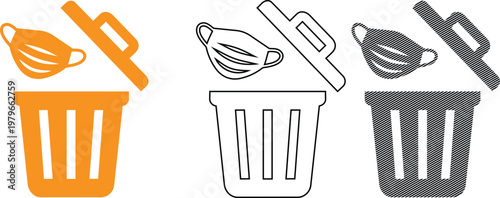 Trash can with face mask vector illustration showing disposal of medical waste in multiple styles.
