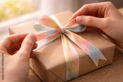 Close-up of hands tying a colorful ribbon around a simple, unlabeled brown paper package, clean and mysterious, 