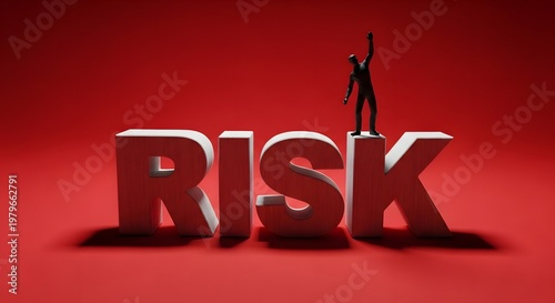Silhouette of a Person Standing on the Word Risk, Red Background