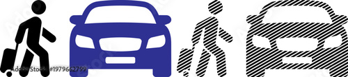 Traveler with luggage and car icon vector illustration, travel journey concept graphic.