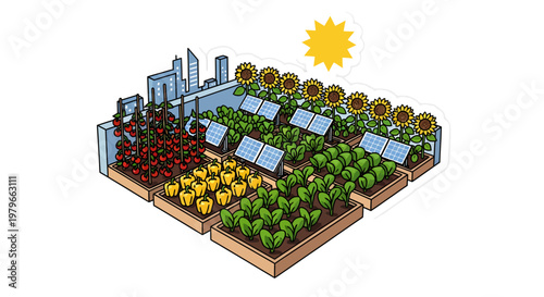 Sustainable urban garden with solar panels and sunflowers