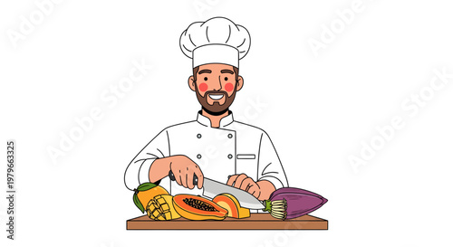 Cartoon chef cutting vegetables on wooden board illustration