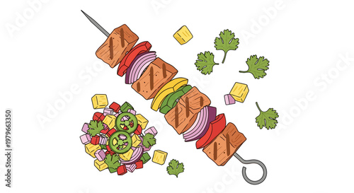 colorful illustration of skewered food and salad