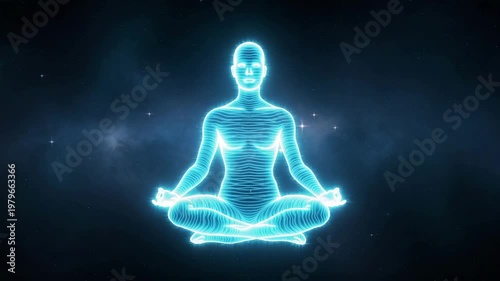 Glowing Blue Light Figure in Lotus Meditating Pose