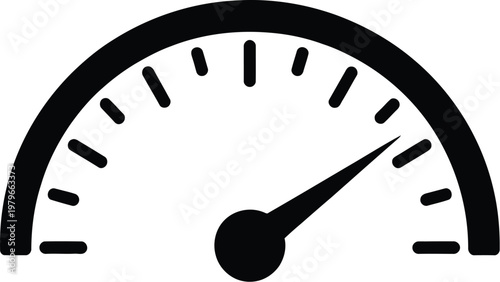 Gauge icon black and white vector illustration showing simple speed meter with needle pointing center high quality design