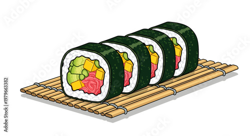 Sushi rolls on a bamboo mat, Japanese food