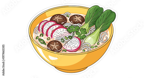 Delicious bowl of ramen noodle soup with vegetables