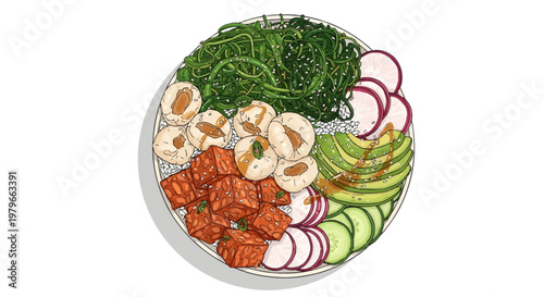 Vibrant sushi bowl with avocado, mushrooms, and seaweed