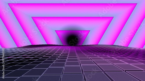 3D Neon Cube Corridor Background with a triangular pattern, white and pink, for videotrons, advertising, gaming, virtual environments, music, digital signage, virtual reality, live events, meetings,