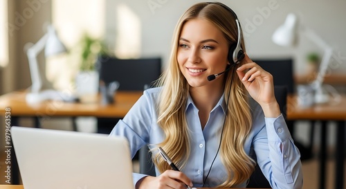 Customer service representative with headset working on laptop in office. jpg