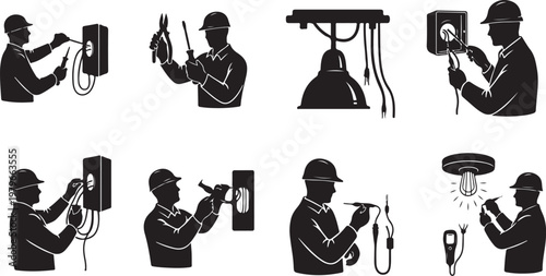 Electrician at work installing lighting fixtures and electrical systems