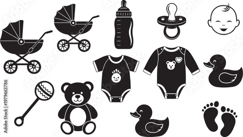 Baby nursery essentials and adorable baby items illustration set