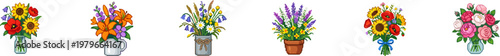 Spring flower bouquets in vases and pots vector set.