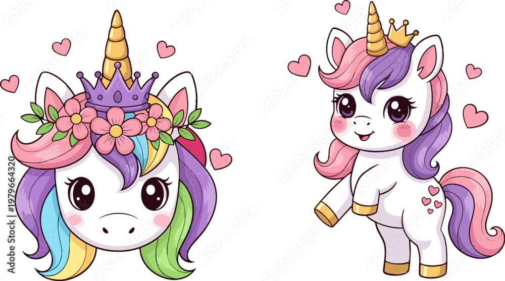 Fototapeta premium Cute Unicorn Characters with Rainbow Mane and Floral Crown for Kids' Designs, Fantasy Art, and Magical Illustrations
