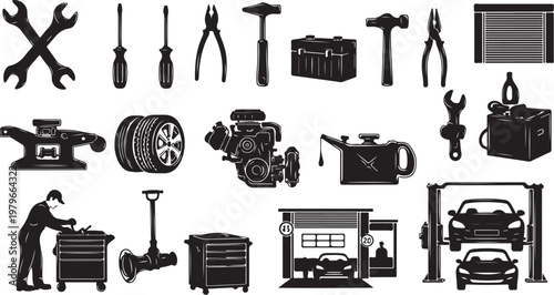 Black and white illustration of various car repair tools
