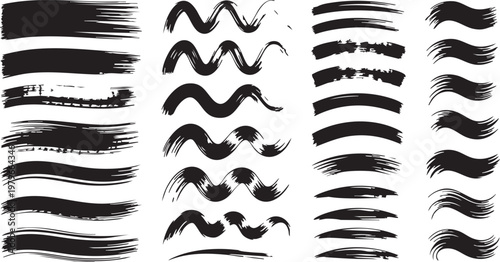 Grunge black ink brush strokes collection, hand drawn paint texture set, artistic wavy charcoal lines and smear vector elements for graphic design