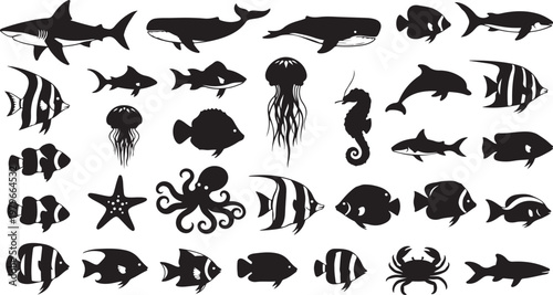 Black silhouettes of various ocean sea creatures on white