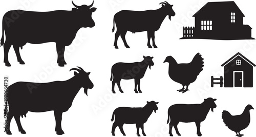 Farm animals and barn silhouettes on white background illustration