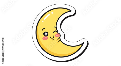 Cute cartoon crescent moon character winking, smiling, with blush cheeks, white background