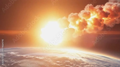 A massive meteor descends toward Earth, creating a fiery trail in the atmosphere. The explosion erupts dramatically, illuminating the sky and showcasing the planet's curvature below