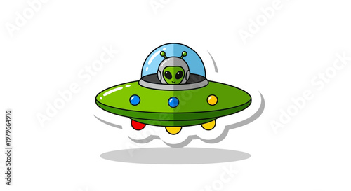 Cute Cartoon Alien in Flying Saucer UFO, Space Travel, Sci-Fi Illustration