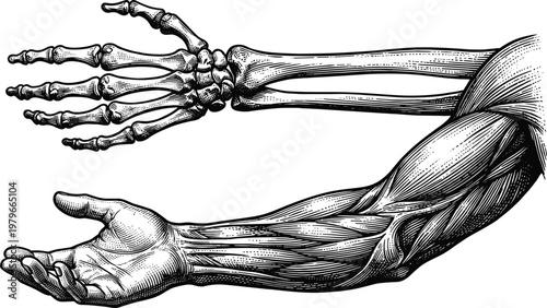 Human arm muscles and bones anatomical medical vintage engraving illustration.