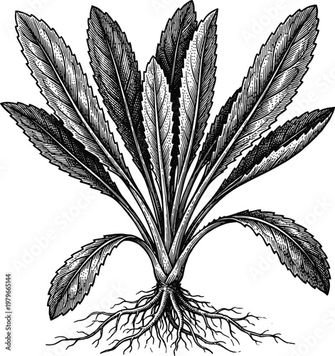 Vintage botanical drawing of plantago major or plantain plant with roots.