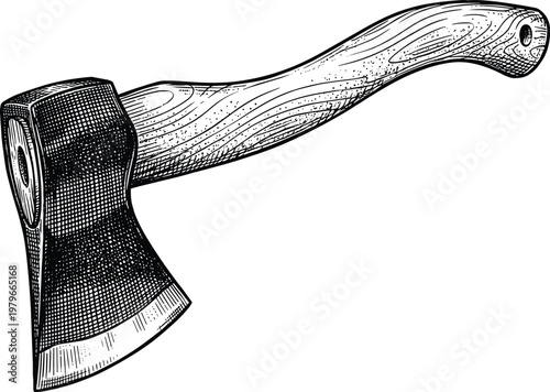 Wood handled axe with sharp blade for woodworking or outdoor activities.